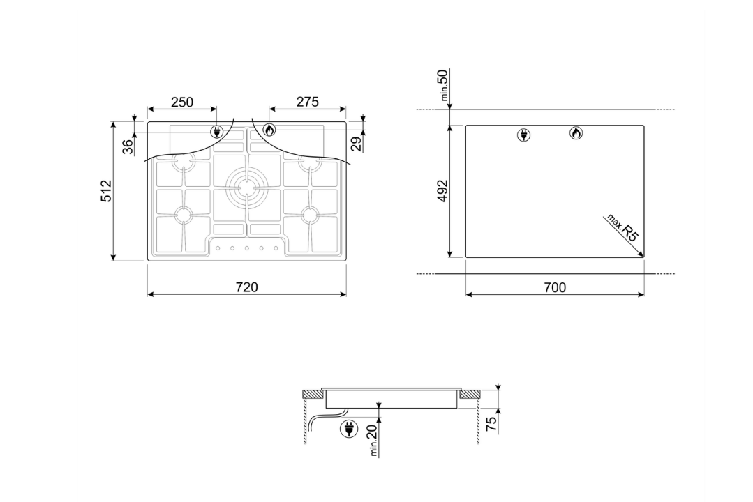 Smeg 70cm Ultra-low Profile Stainless Steel 5 Burner Gas Hob - PGF75SA