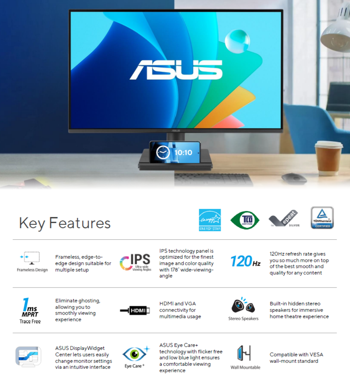 ASUS VA259HGA 24.5" Eye Care IPS FHD Frameless 120Hz Adaptive-Sync Gaming Monitor